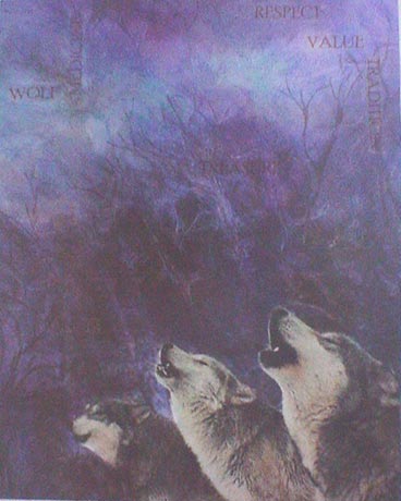 Group of three wolves howling at the moon at night in a forest.
