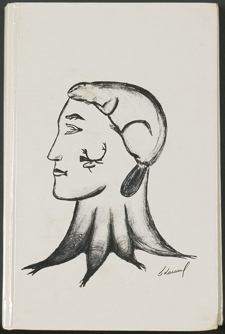 The title does not appear on the bound cover decorated with a drawing on white glossy paper. The drawing in black  depicts a human head in profile made up of elements drawn from nature that have a vital significance among the Innu. The neck is a tree trunk, the mouth has the shape of a salmon, the eye the outlines of a harpoon, the eyebrows resemble an otter and the hair is a beaver whose tail becomes an ear. On the cheek of this emblematic head, we find the stylised head of a caribou.